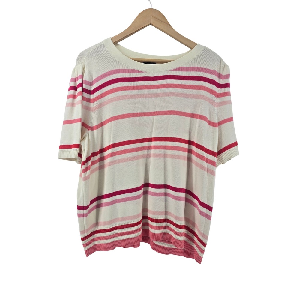 Talbots‎ Sweater Womens 2X Plus Petite Ivory Pink Red Striped Short Sleeve Puff